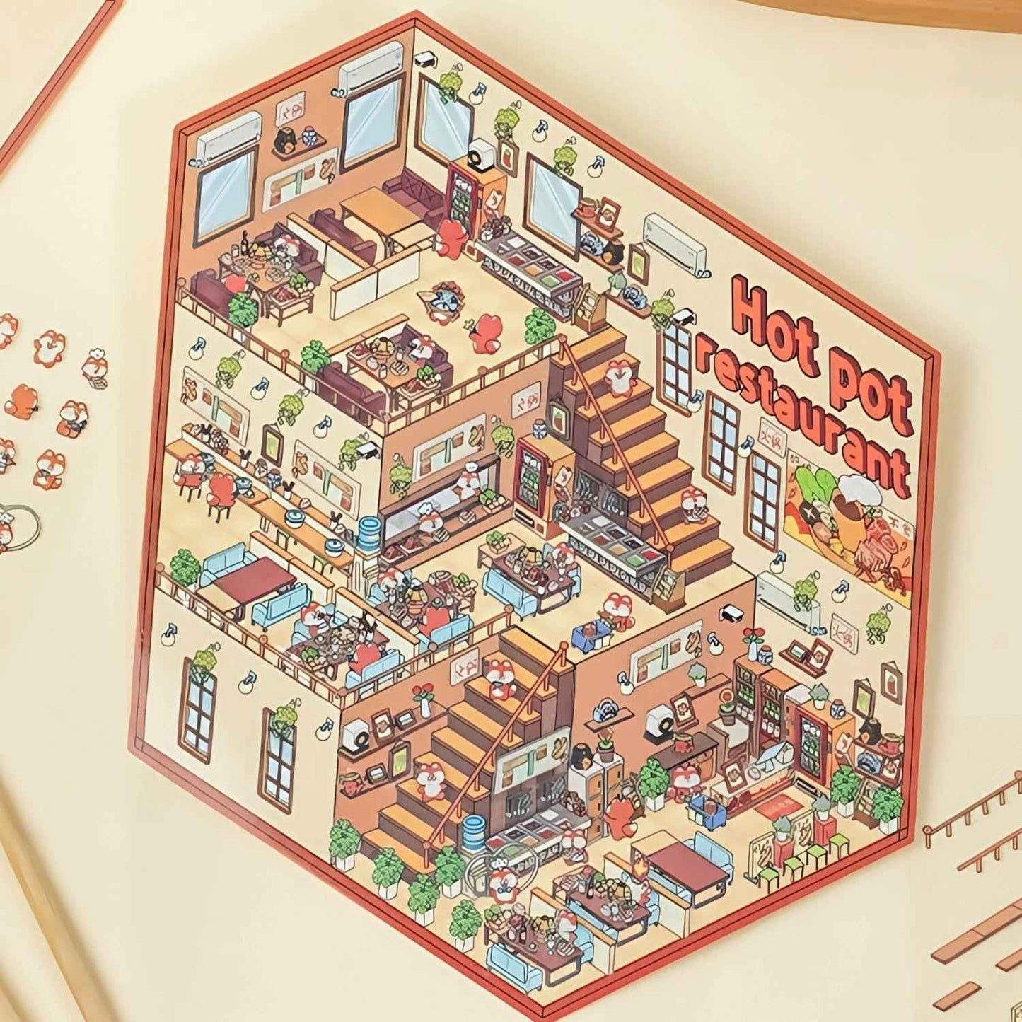 3-Story Grand Buildings 3.0 – Animal Business Simulation 3D Room Stickers Scene - 4 Theme Sets: Hamster Supermarket | Bunny Bookstore | Fox Hot Pot | Cat Villa - SNSEASY