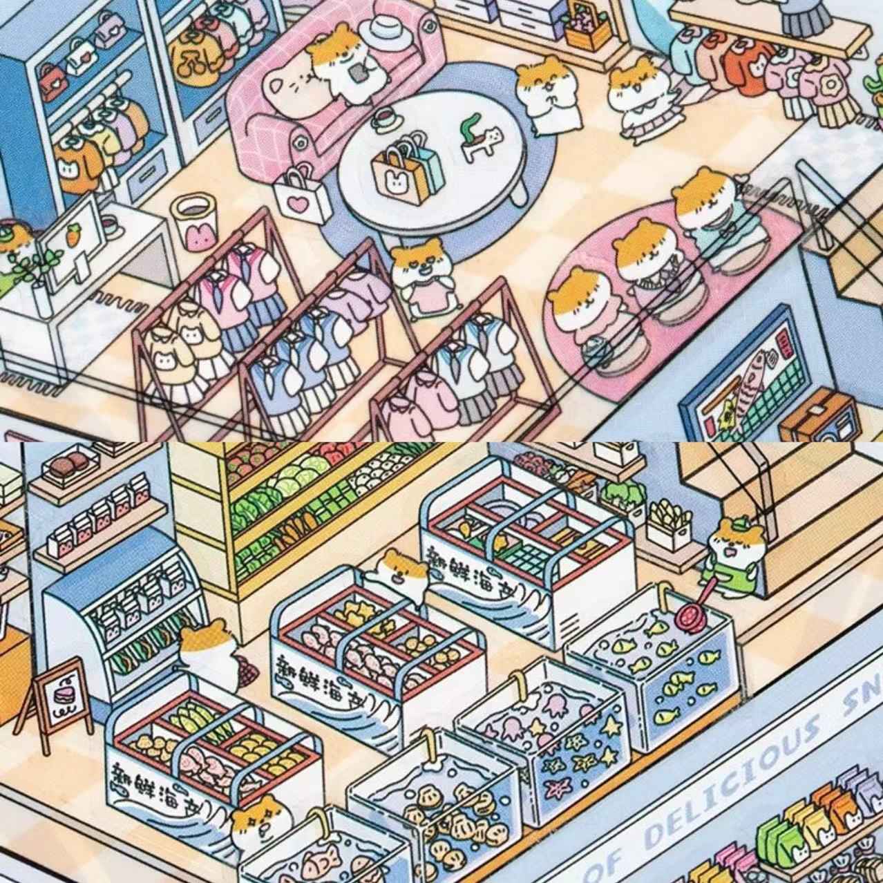 3-Story Grand Buildings 3.0 – Animal Business Simulation 3D Room Stickers Scene - 4 Theme Sets: Hamster Supermarket | Bunny Bookstore | Fox Hot Pot | Cat Villa - SNSEASY