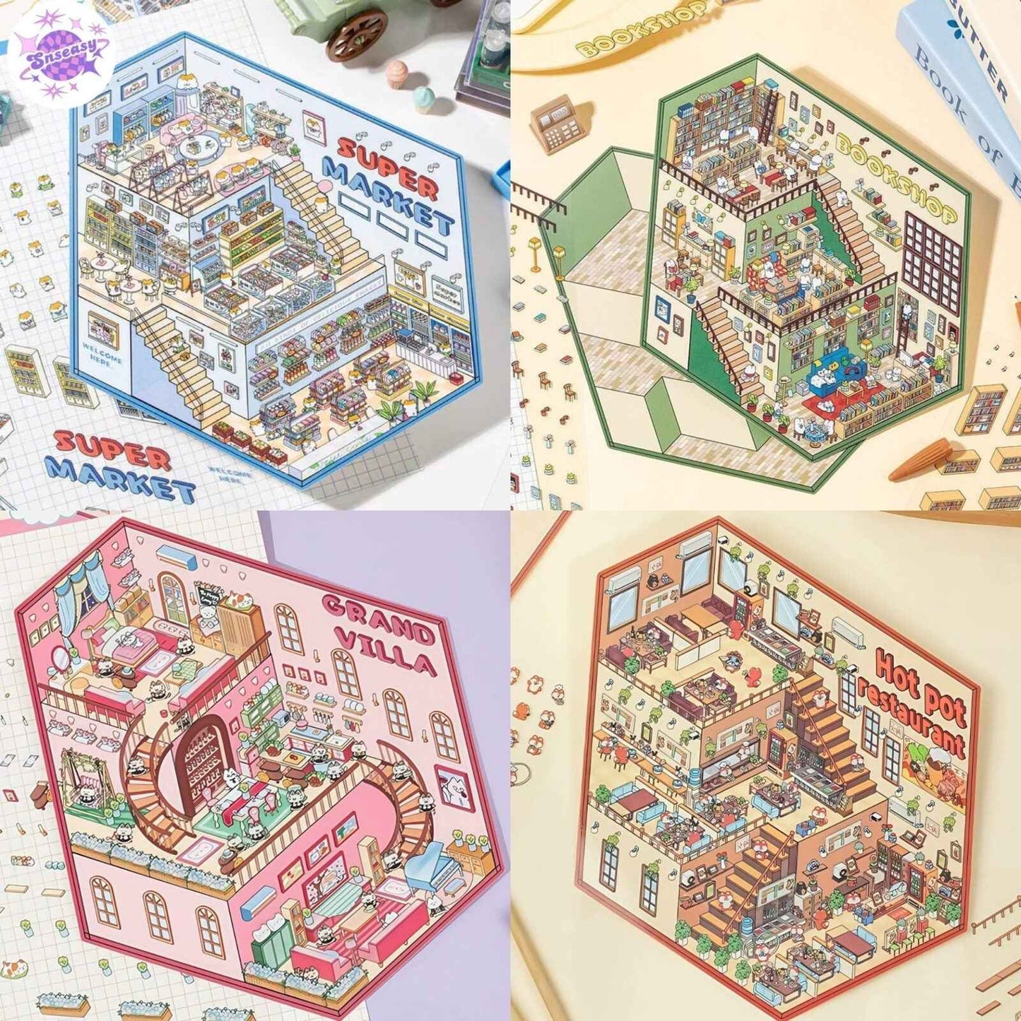 3-Story Grand Buildings 3.0 – Animal Business Simulation 3D Room Stickers Scene - 4 Theme Sets: Hamster Supermarket | Bunny Bookstore | Fox Hot Pot | Cat Villa - SNSEASY