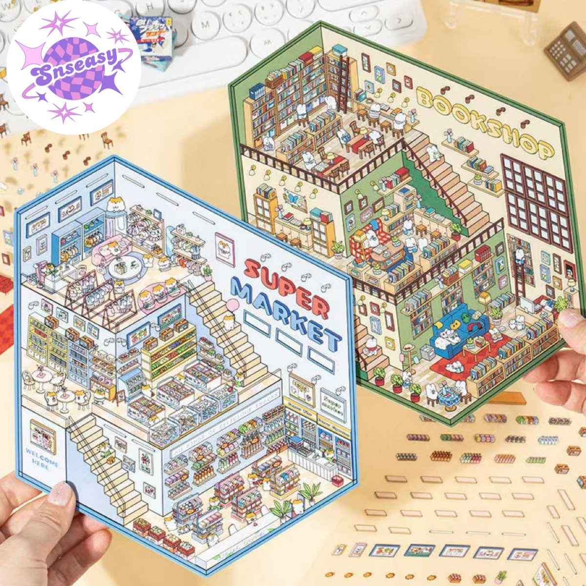3-Story Grand Buildings 3.0 – Animal Business Simulation 3D Room Stickers Scene - 4 Theme Sets: Hamster Supermarket | Bunny Bookstore | Fox Hot Pot | Cat Villa - SNSEASY