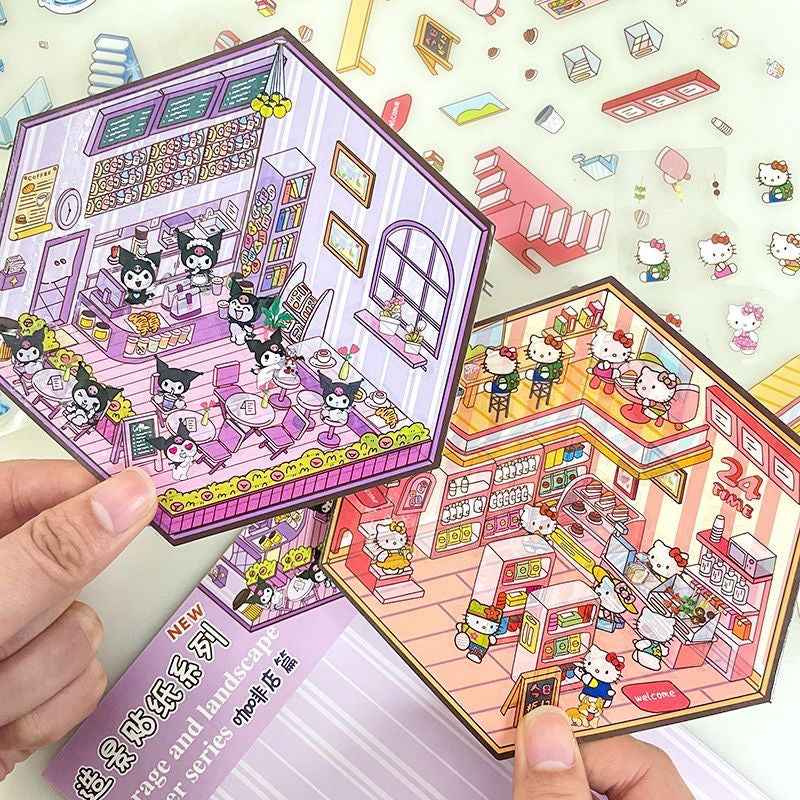 Cute Sanrio – 3D Isometric Room Stickers Scene 4 Themes: Hello Kitty Convenience Store | Kuromi Café | My Melody Pink Cottage | Frozen Princess Cottage - SNSEASY