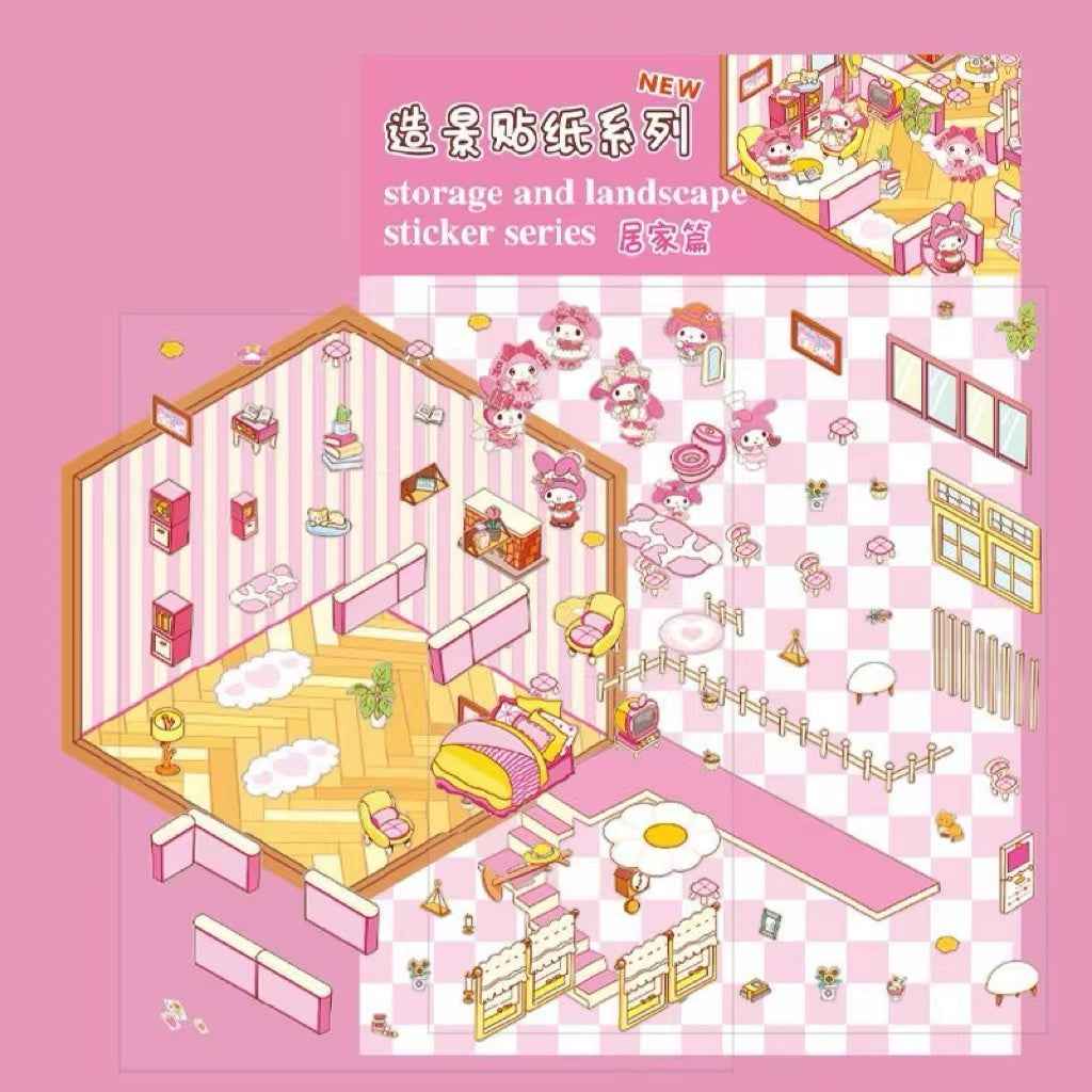 Cute Sanrio – 3D Isometric Room Stickers Scene 4 Themes: Hello Kitty Convenience Store | Kuromi Café | My Melody Pink Cottage | Frozen Princess Cottage - SNSEASY