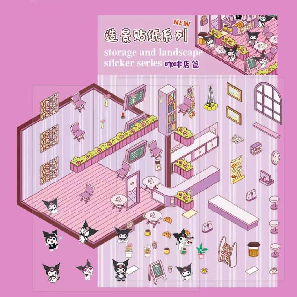 Cute Sanrio – 3D Isometric Room Stickers Scene 4 Themes: Hello Kitty Convenience Store | Kuromi Café | My Melody Pink Cottage | Frozen Princess Cottage - SNSEASY