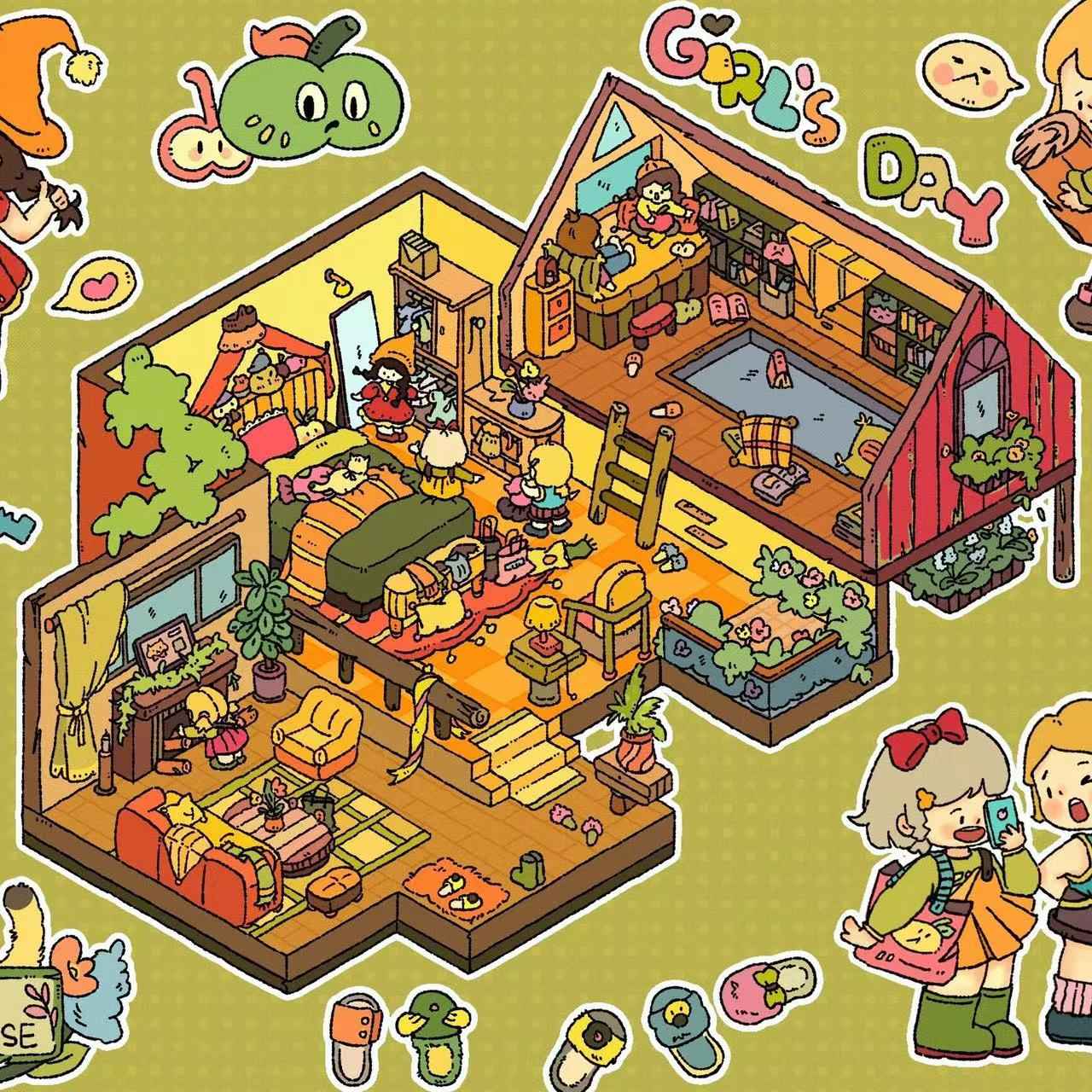 Girls' Dream Homes & Friendship – 3D Isometric Room Stickers Scene 4 Themes: Girls' Dream Villa | Cute Girls' Day | Girls' Country Cottage | Girls' Christmas Party - SNSEASY