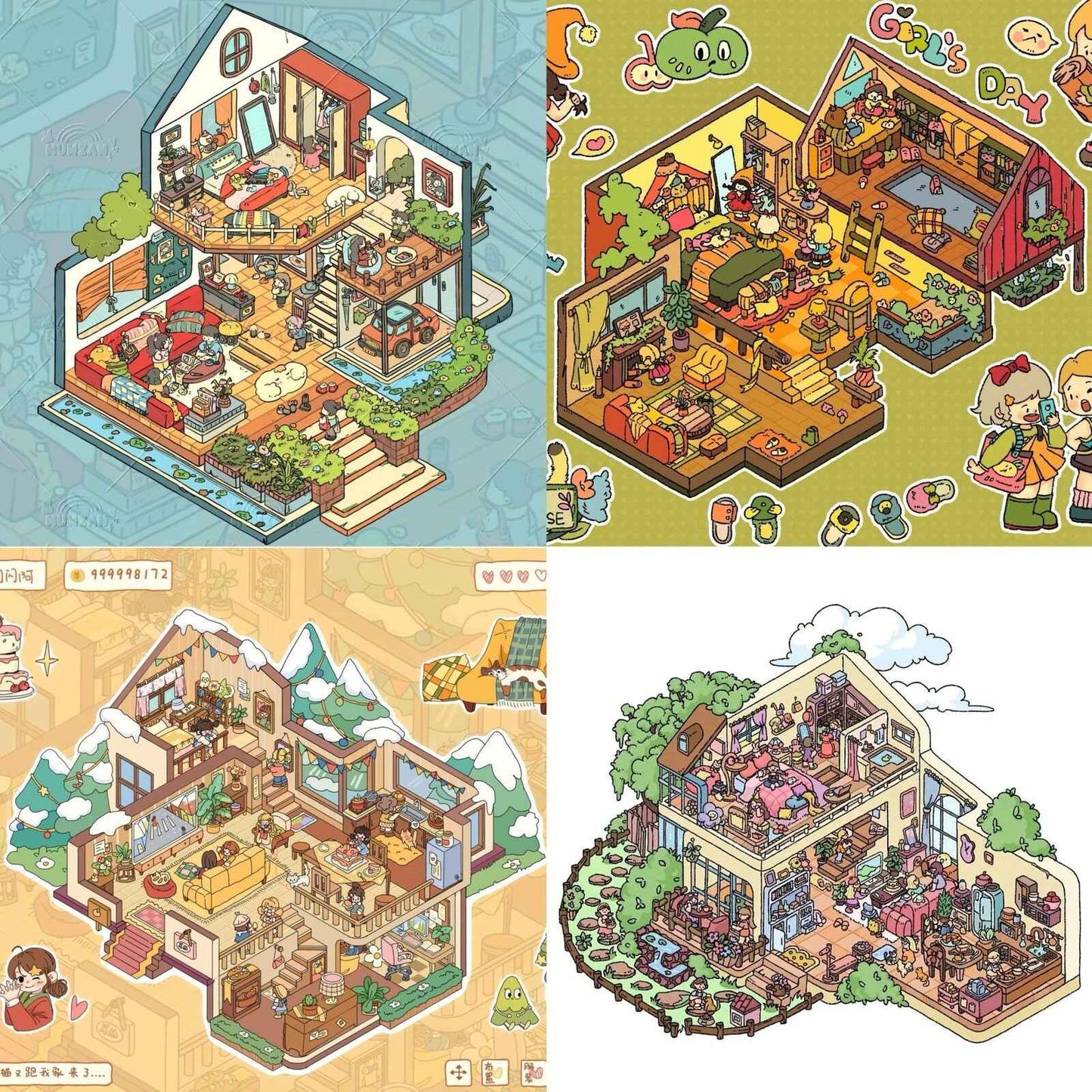Girls' Dream Homes & Friendship – 3D Isometric Room Stickers Scene 4 Themes: Girls' Dream Villa | Cute Girls' Day | Girls' Country Cottage | Girls' Christmas Party - SNSEASY
