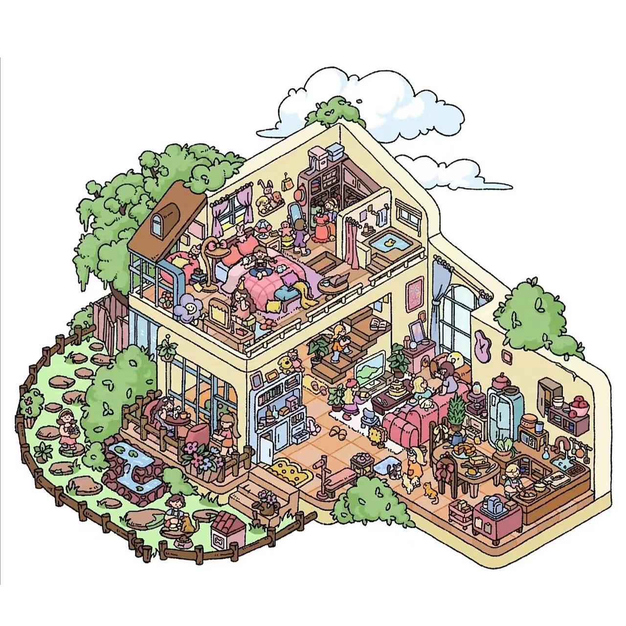 Girls' Dream Homes & Friendship – 3D Isometric Room Stickers Scene 4 Themes: Girls' Dream Villa | Cute Girls' Day | Girls' Country Cottage | Girls' Christmas Party - SNSEASY