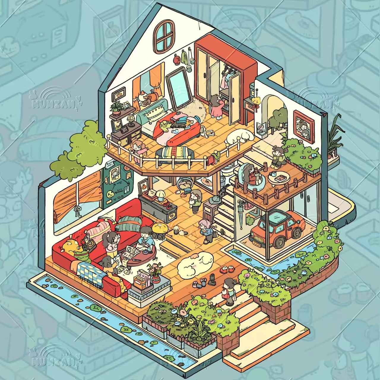 Girls' Dream Homes & Friendship – 3D Isometric Room Stickers Scene 4 Themes: Girls' Dream Villa | Cute Girls' Day | Girls' Country Cottage | Girls' Christmas Party - SNSEASY
