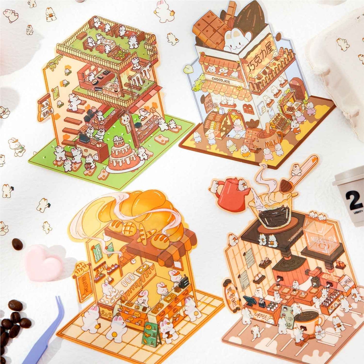 Cute Bunny 2.0 Shop Simulation – 3D Isometric Room Stickers Scene 4 Themes: Coffee Shop | Chocolate House | Cake Shop | Bread Shop - SNSEASY