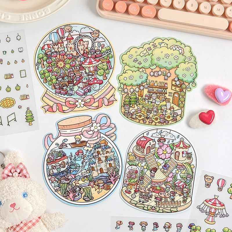 Mystical Bottle World – 3D Isometric Room Stickers Scene 4 Themes: Underwater Castle | Treehouse | Crystal Amusement Park | Green House - SNSEASY