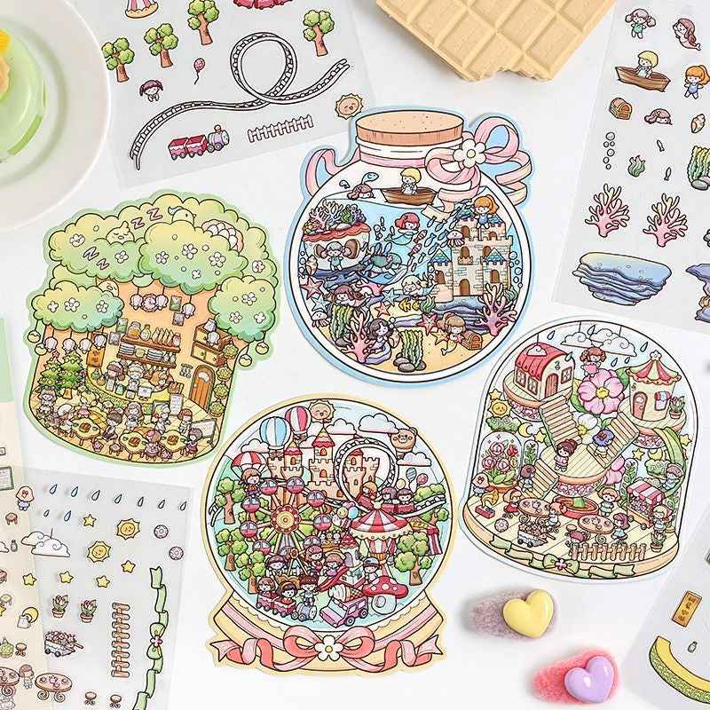 Mystical Bottle World – 3D Isometric Room Stickers Scene 4 Themes: Underwater Castle | Treehouse | Crystal Amusement Park | Green House - SNSEASY
