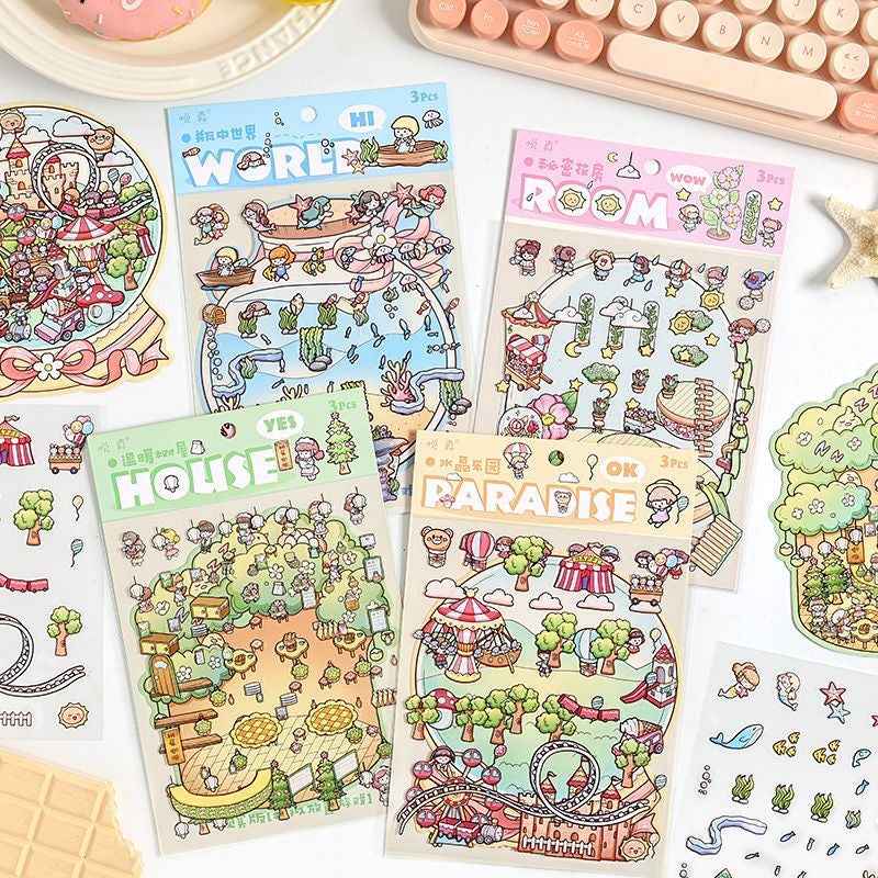Mystical Bottle World – 3D Isometric Room Stickers Scene 4 Themes: Underwater Castle | Treehouse | Crystal Amusement Park | Green House - SNSEASY