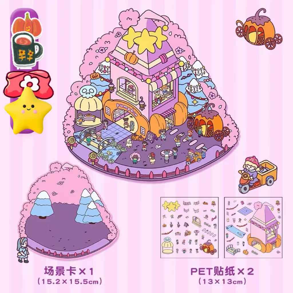 Four Seasons Fairytale Cottage Stickers Scene – 4 Themes: Spring Two-Story Cottage | Summer Candy House | Autumn Pumpkin House | Winter Christmas Cottage - SNSEASY