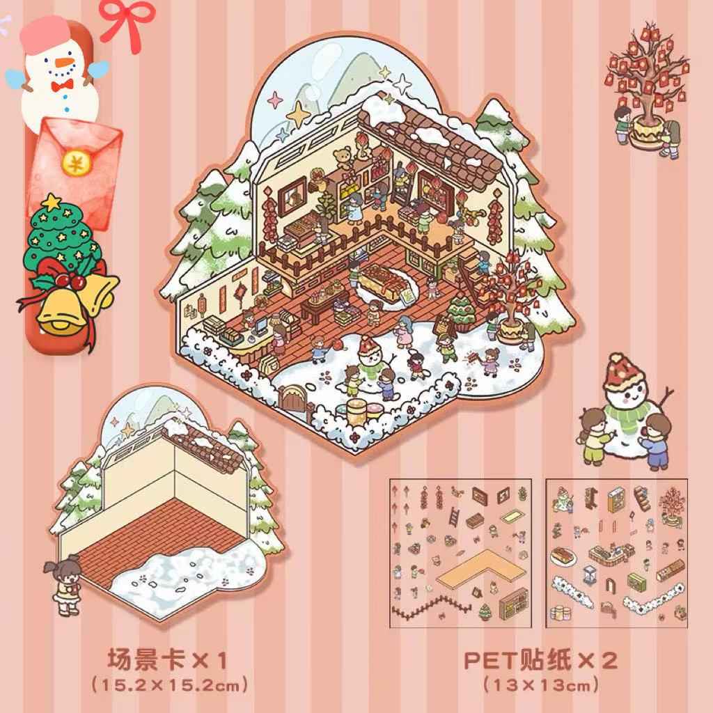Four Seasons Fairytale Cottage Stickers Scene – 4 Themes: Spring Two-Story Cottage | Summer Candy House | Autumn Pumpkin House | Winter Christmas Cottage - SNSEASY