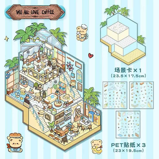 3-Story Grand Buildings 5.0 – Animal Business Simulation Stickers Scene – 4 Themes: Bear Coffee | Panda Preschool | Capybara Game | Bunny Castle - SNSEASY