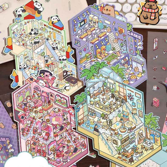 3-Story Grand Buildings 5.0 – Animal Business Simulation Stickers Scene – 4 Themes: Bear Coffee | Panda Preschool | Capybara Game | Bunny Castle - SNSEASY