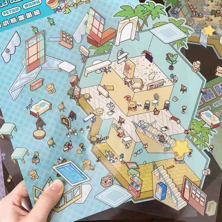 3-Story Grand Buildings 5.0 – Animal Business Simulation Stickers Scene – 4 Themes: Bear Coffee | Panda Preschool | Capybara Game | Bunny Castle - SNSEASY