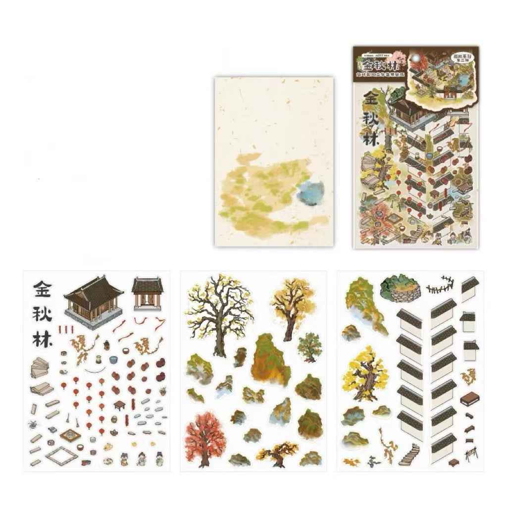 Traditional Chinese Ink Painting Style – 4 Seasons Cottage 3D Stickers Scene - 4 Theme Sets: Spring Peach Blossoms | Summer Mountain | Autumn Forest | Winter Snow - SNSEASY