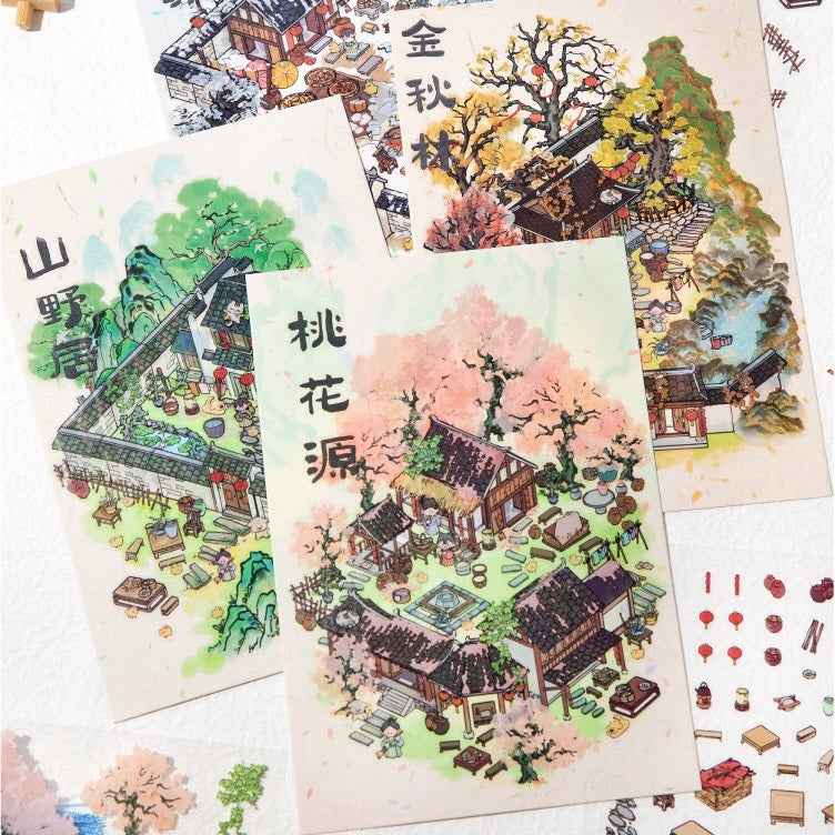 Traditional Chinese Ink Painting Style – 4 Seasons Cottage 3D Stickers Scene - 4 Theme Sets: Spring Peach Blossoms | Summer Mountain | Autumn Forest | Winter Snow - SNSEASY