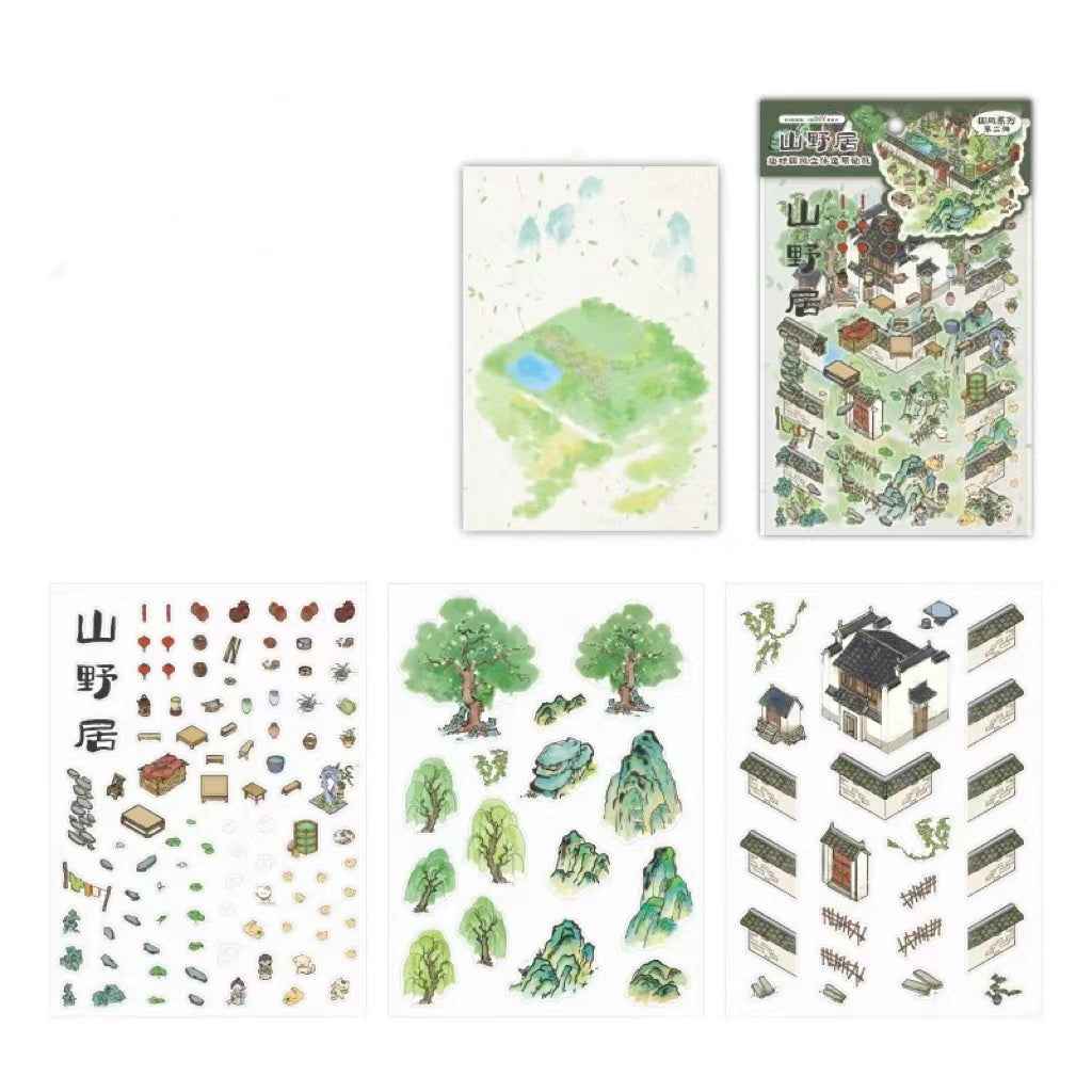 Traditional Chinese Ink Painting Style – 4 Seasons Cottage 3D Stickers Scene - 4 Theme Sets: Spring Peach Blossoms | Summer Mountain | Autumn Forest | Winter Snow - SNSEASY