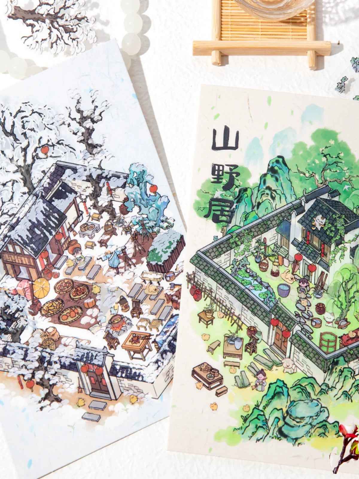 Traditional Chinese Ink Painting Style – 4 Seasons Cottage 3D Stickers Scene - 4 Theme Sets: Spring Peach Blossoms | Summer Mountain | Autumn Forest | Winter Snow - SNSEASY