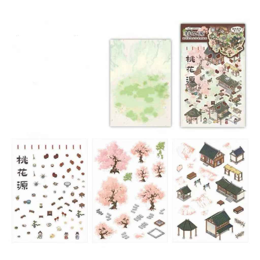 Traditional Chinese Ink Painting Style – 4 Seasons Cottage 3D Stickers Scene - 4 Theme Sets: Spring Peach Blossoms | Summer Mountain | Autumn Forest | Winter Snow - SNSEASY