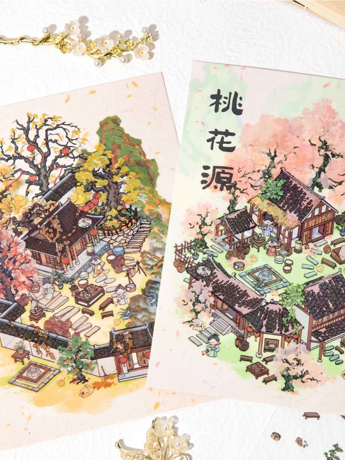 Traditional Chinese Ink Painting Style – 4 Seasons Cottage 3D Stickers Scene - 4 Theme Sets: Spring Peach Blossoms | Summer Mountain | Autumn Forest | Winter Snow - SNSEASY
