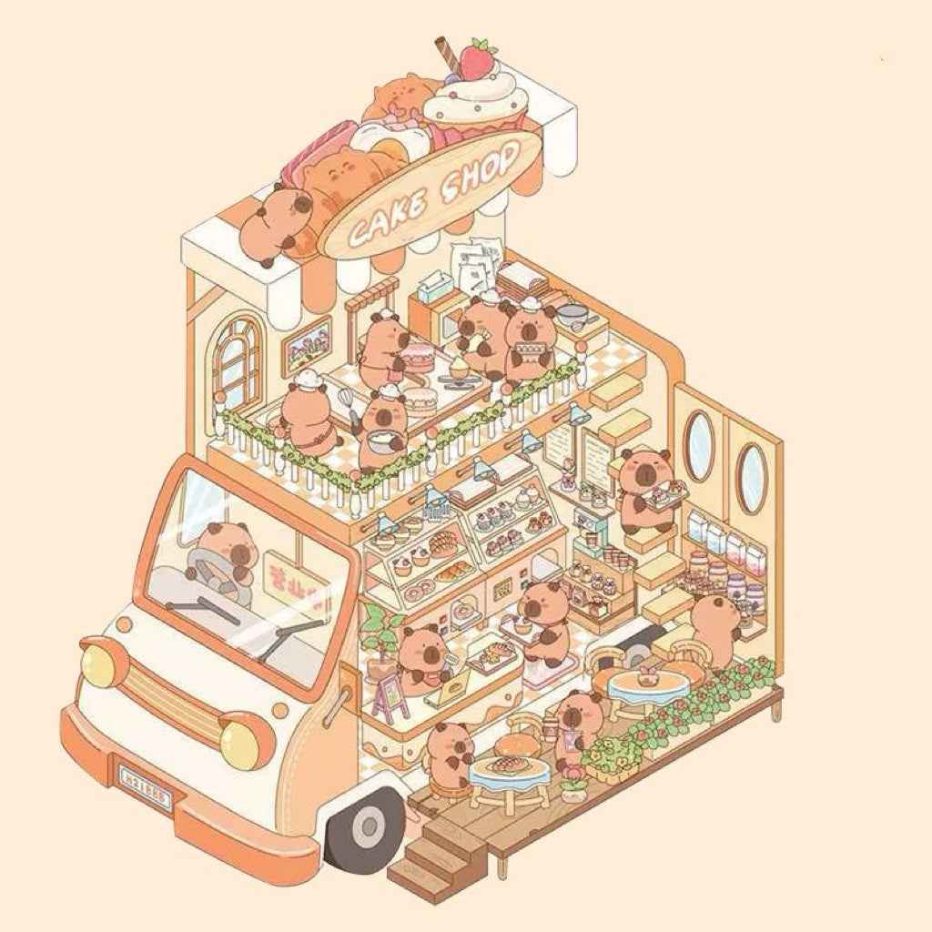 Capybara Holiday Leisure – 3D Sticker Scenes - 2 Theme Sets: Cake Bus | Hot Spring - SNSEASY