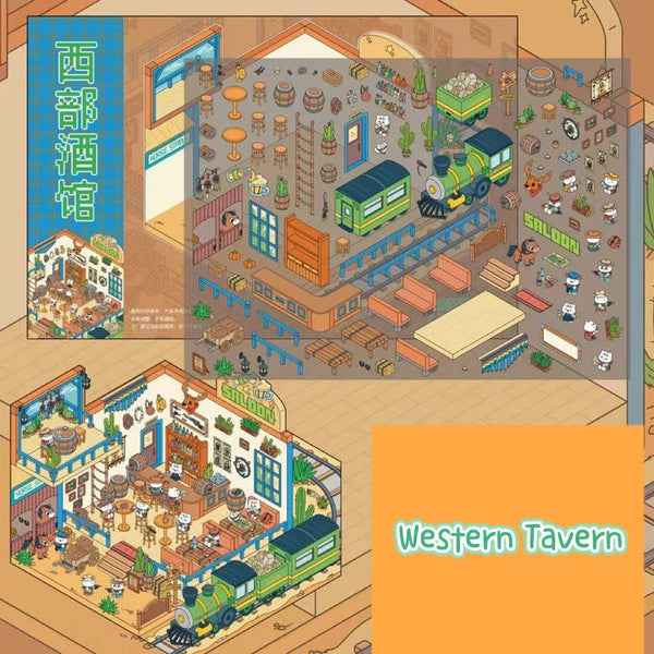 Migi's Dream Town – 3D Sticker Scenes - 6 Theme Sets: Hot Springs | Detective Agency | Western Tavern | Alice's Flower Shop | Wet Market | Hospital - SNSEASY