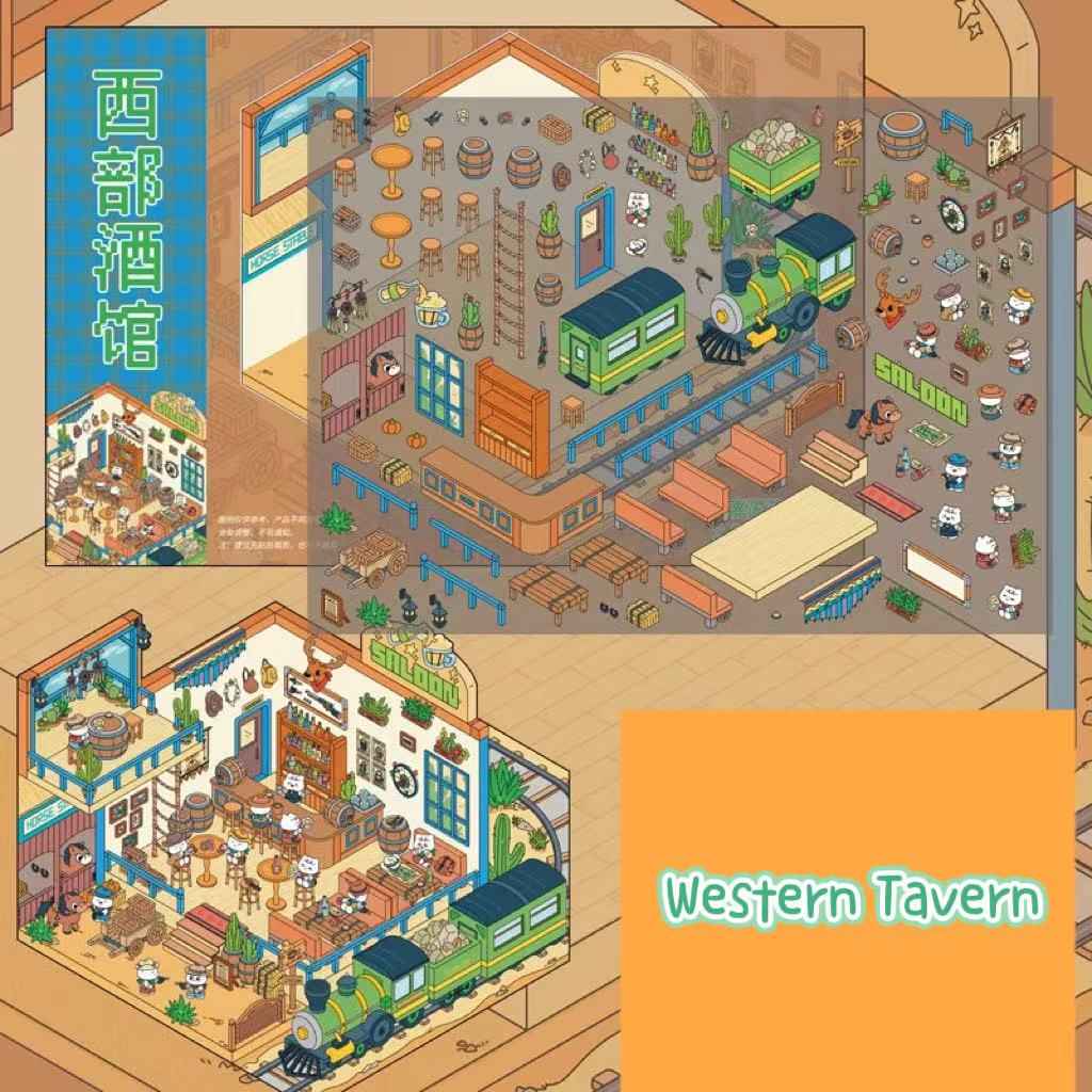 Migi's Dream Town – 3D Sticker Scenes - 6 Theme Sets: Hot Springs | Detective Agency | Western Tavern | Alice's Flower Shop | Wet Market | Hospital - SNSEASY