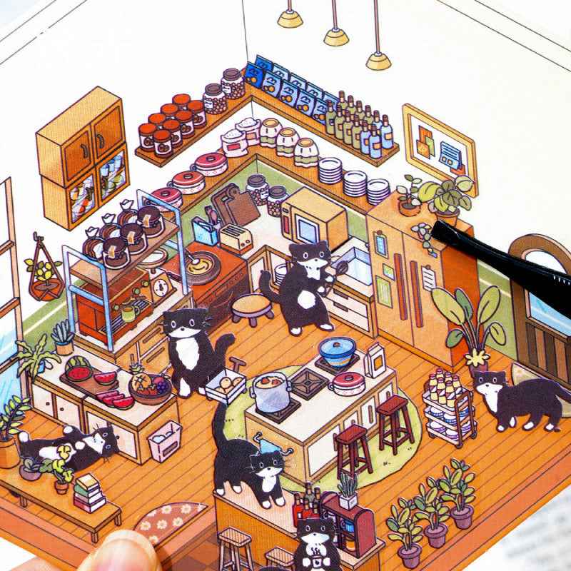 Cute Black Cat's Home – 3D Sticker Scenes - 4 Theme Sets: Bedroom | Kitchen | Study Room | Garden - SNSEASY