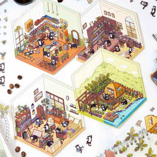 Cute Black Cat's Home – 3D Sticker Scenes - 4 Theme Sets: Bedroom | Kitchen | Study Room | Garden - SNSEASY