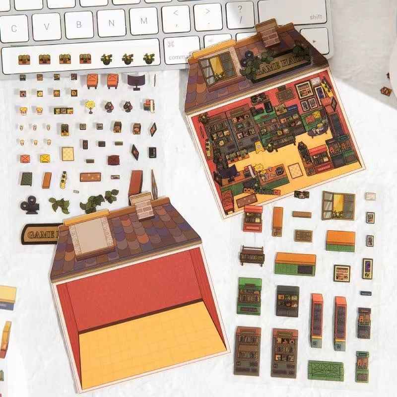 Retro Arcade – 3D Sticker Scenes - 2 Theme Sets: Game Hall | Bookstore - SNSEASY