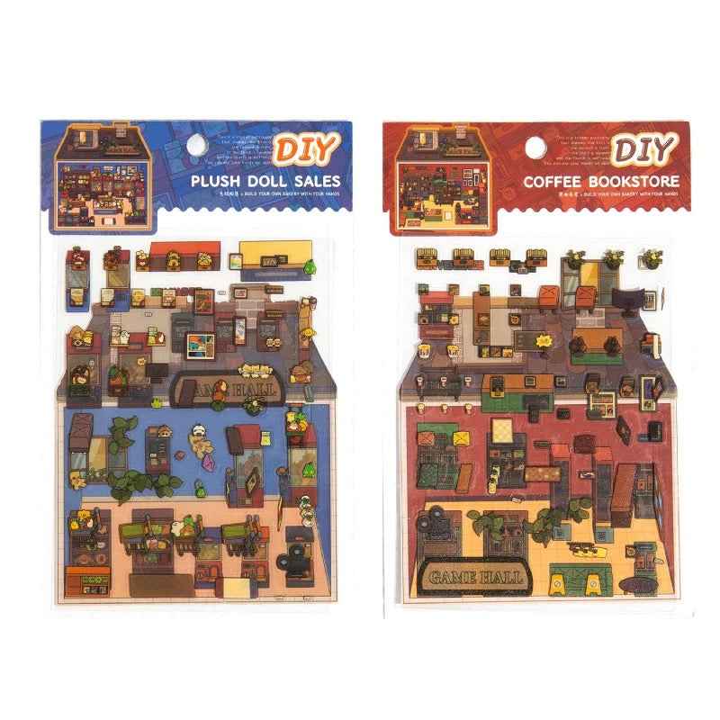 Retro Arcade – 3D Sticker Scenes - 2 Theme Sets: Game Hall | Bookstore - SNSEASY