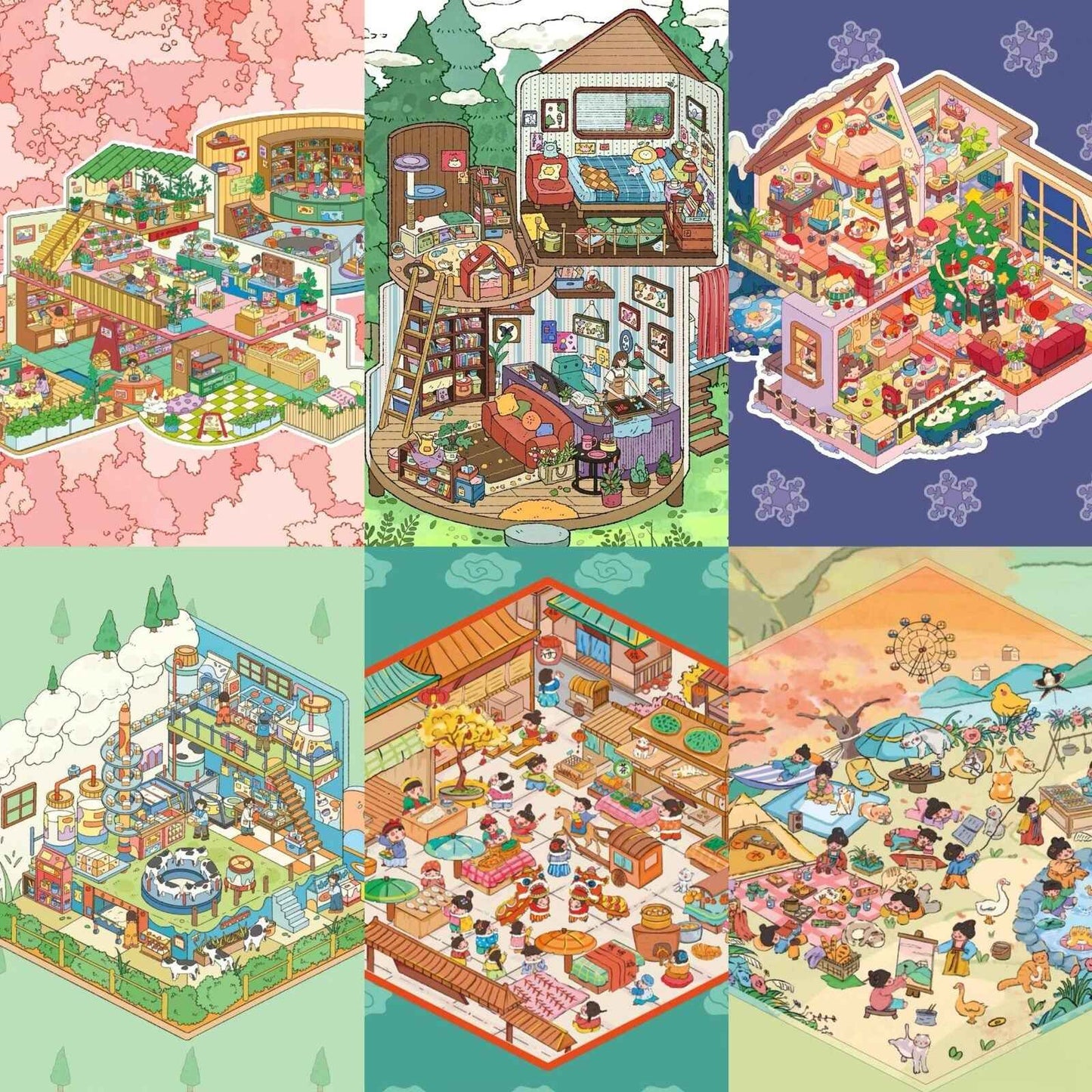 Childhood Dream World – 3D Sticker Scenes - 6 Theme Sets: Tree House | Treehouse Store | Christmas House | Milk Factory | Temple Fair | Autumn Outing - SNSEASY