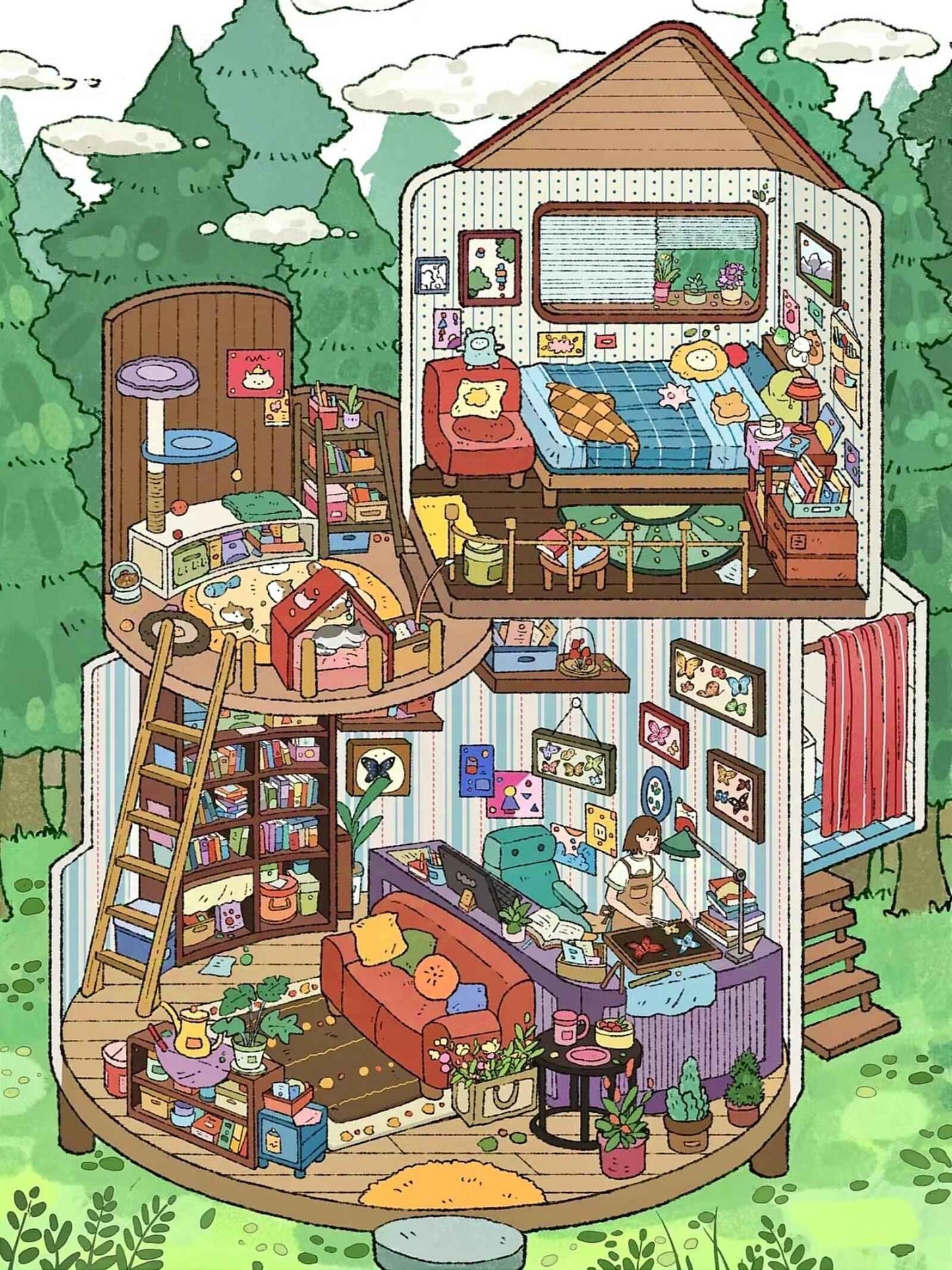 Childhood Dream World – 3D Sticker Scenes - 6 Theme Sets: Tree House | Treehouse Store | Christmas House | Milk Factory | Temple Fair | Autumn Outing - SNSEASY