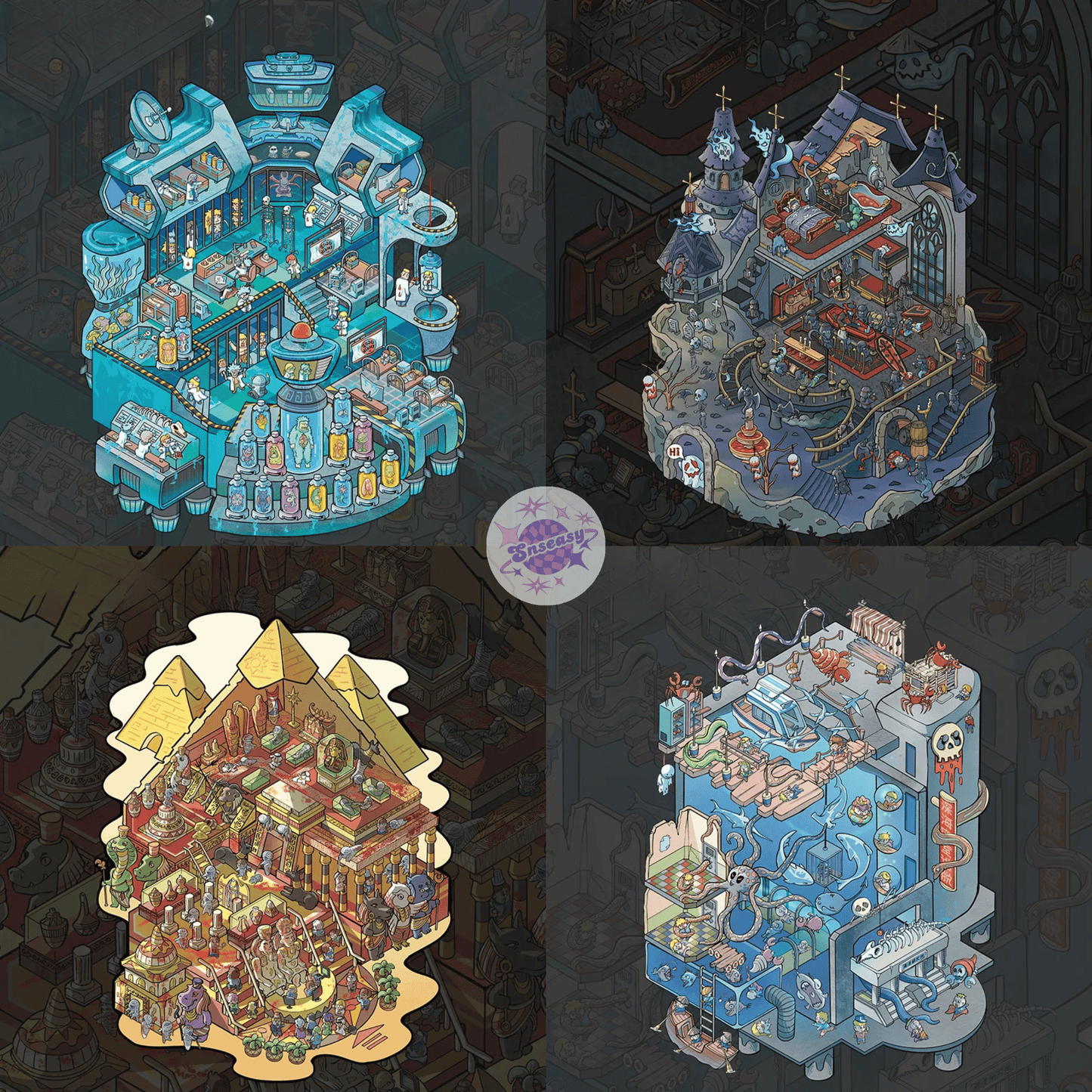 Horror Adventure – 3D Miniature Scene Stickers (Plus Size) – 4 Theme Sets: Bio Lab | Cursed Pyramid | Haunted Aquarium | Ghost Castle