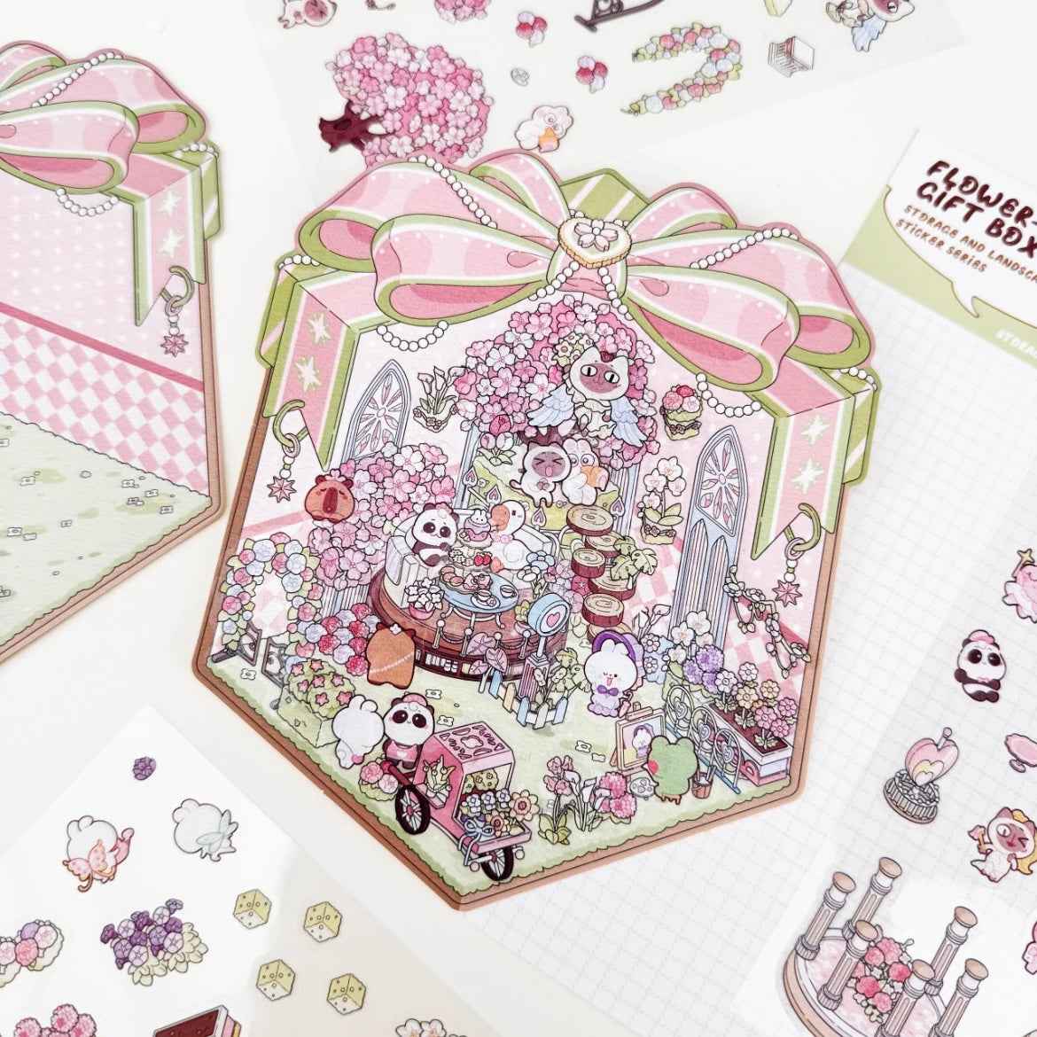 Cute Animal Gifts – 3D Sticker Scenes - 4 Theme Sets: Panda Flower Gift Box | Penguin Ice Cream Kitchen | Crystal Ball Amusement Park | Monet Painting Box - SNSEASY