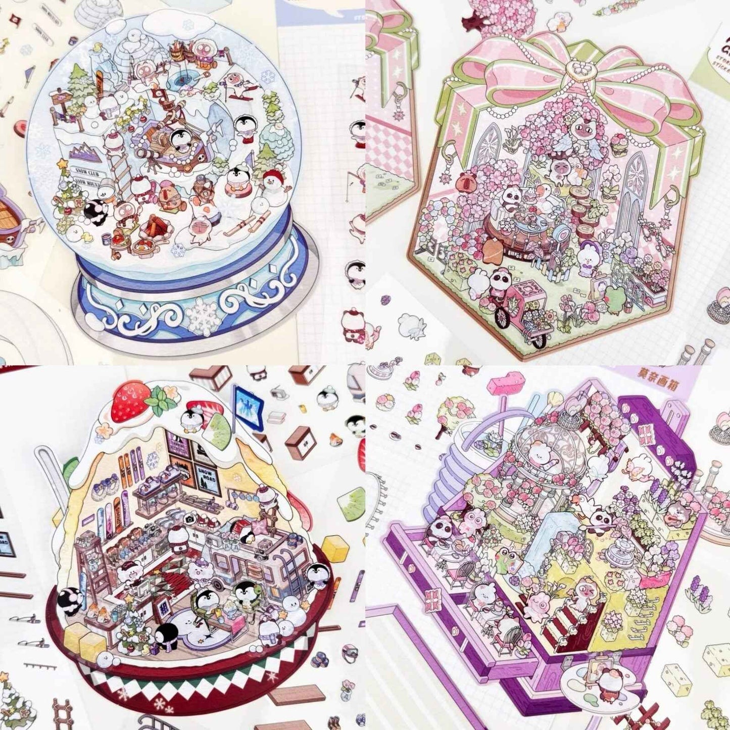 Cute Animal Gifts – 3D Sticker Scenes - 4 Theme Sets: Panda Flower Gift Box | Penguin Ice Cream Kitchen | Crystal Ball Amusement Park | Monet Painting Box - SNSEASY