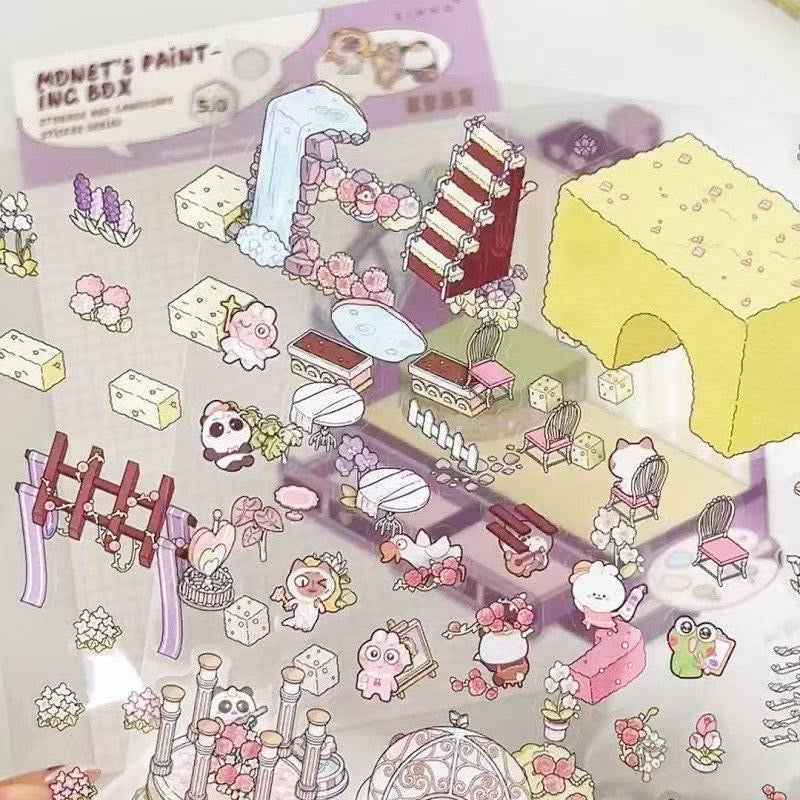 Cute Animal Gifts – 3D Sticker Scenes - 4 Theme Sets: Panda Flower Gift Box | Penguin Ice Cream Kitchen | Crystal Ball Amusement Park | Monet Painting Box - SNSEASY