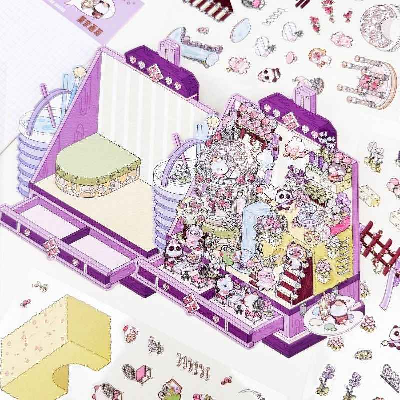 Cute Animal Gifts – 3D Sticker Scenes - 4 Theme Sets: Panda Flower Gift Box | Penguin Ice Cream Kitchen | Crystal Ball Amusement Park | Monet Painting Box - SNSEASY