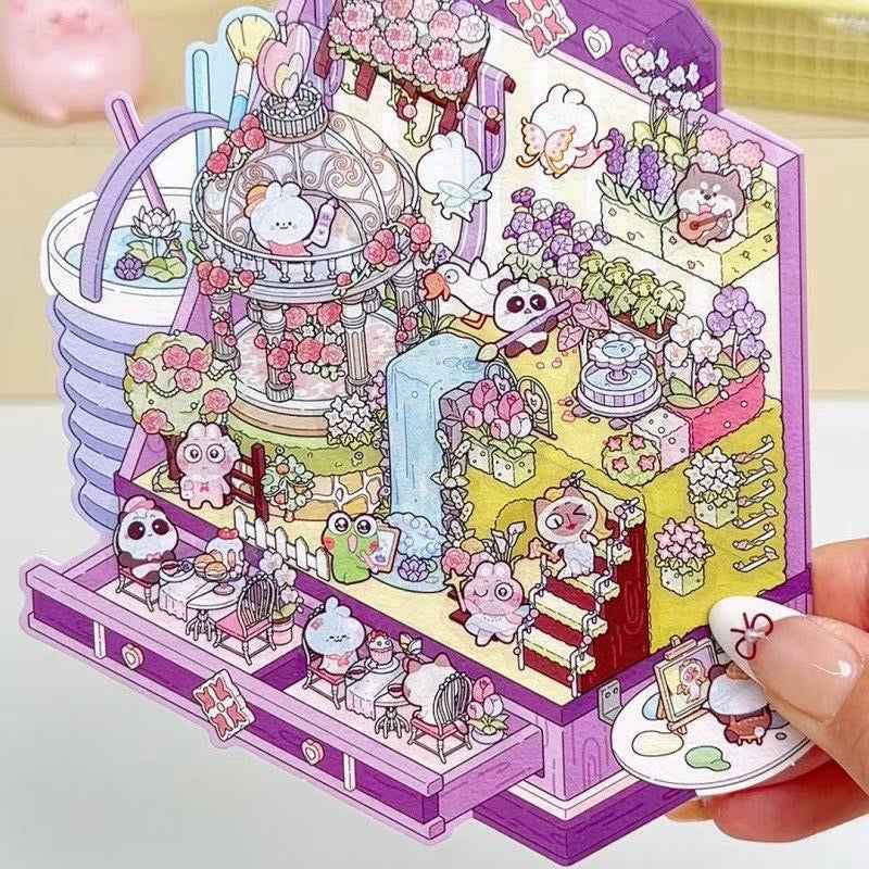 Cute Animal Gifts – 3D Sticker Scenes - 4 Theme Sets: Panda Flower Gift Box | Penguin Ice Cream Kitchen | Crystal Ball Amusement Park | Monet Painting Box - SNSEASY
