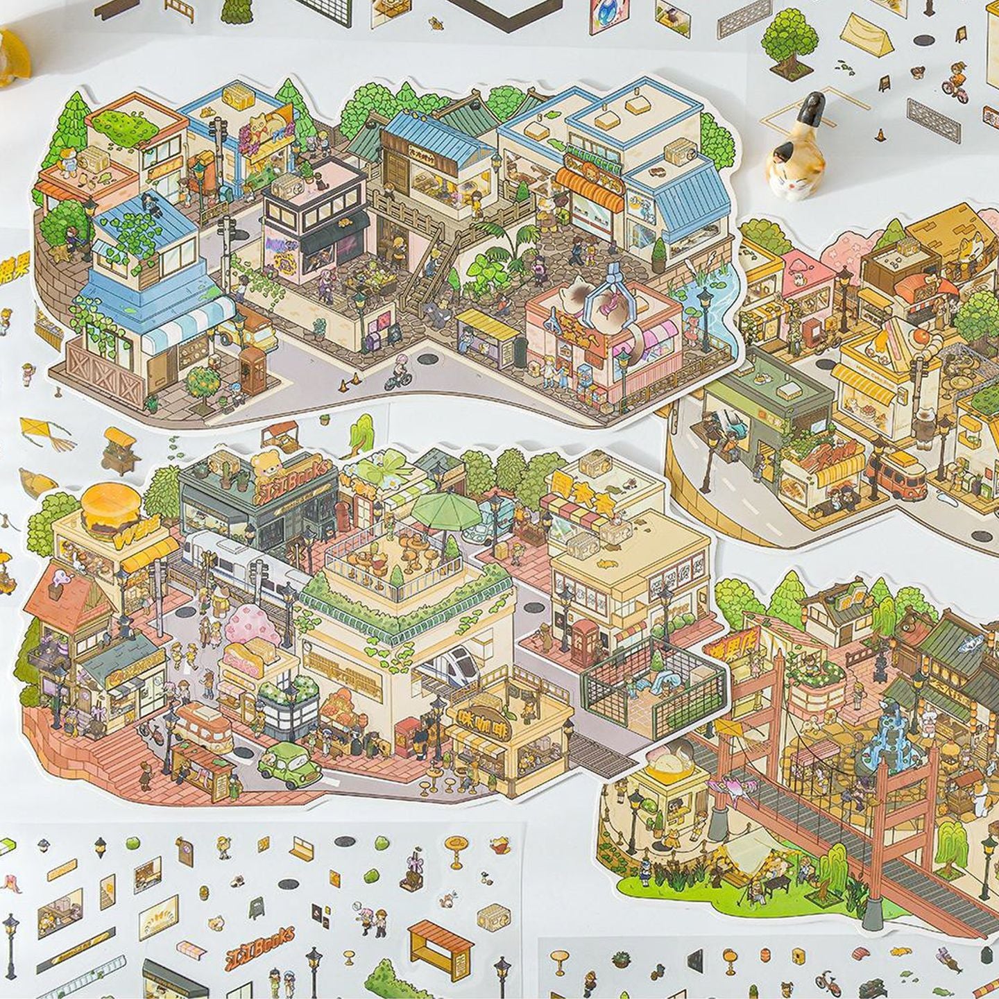 Relaxing Town – 3D Miniature Scene Stickers (Plus Size, Connectable) – 4 Theme Sets: Dockside Town | Red Brick Square | Shopping Street | Crossroads