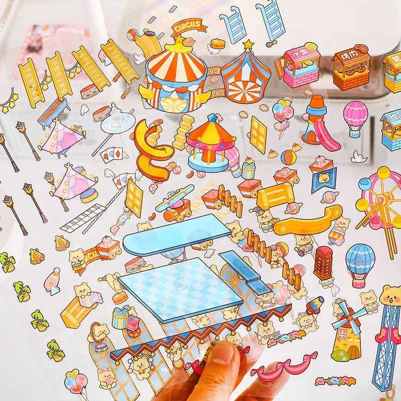 Magical Realm 3.0 Plus A4 Size – Cute Animal’s Boxed World 3D Sticker Scenes - 4 Theme Sets: My Little Pony Music Party | Bear Happy Circus | Capybara Amusement Park | Dog Magic House - SNSEASY