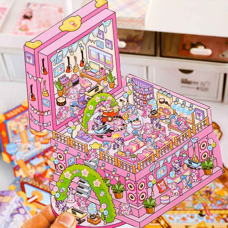 Magical Realm 3.0 Plus A4 Size – Cute Animal’s Boxed World 3D Sticker Scenes - 4 Theme Sets: My Little Pony Music Party | Bear Happy Circus | Capybara Amusement Park | Dog Magic House - SNSEASY
