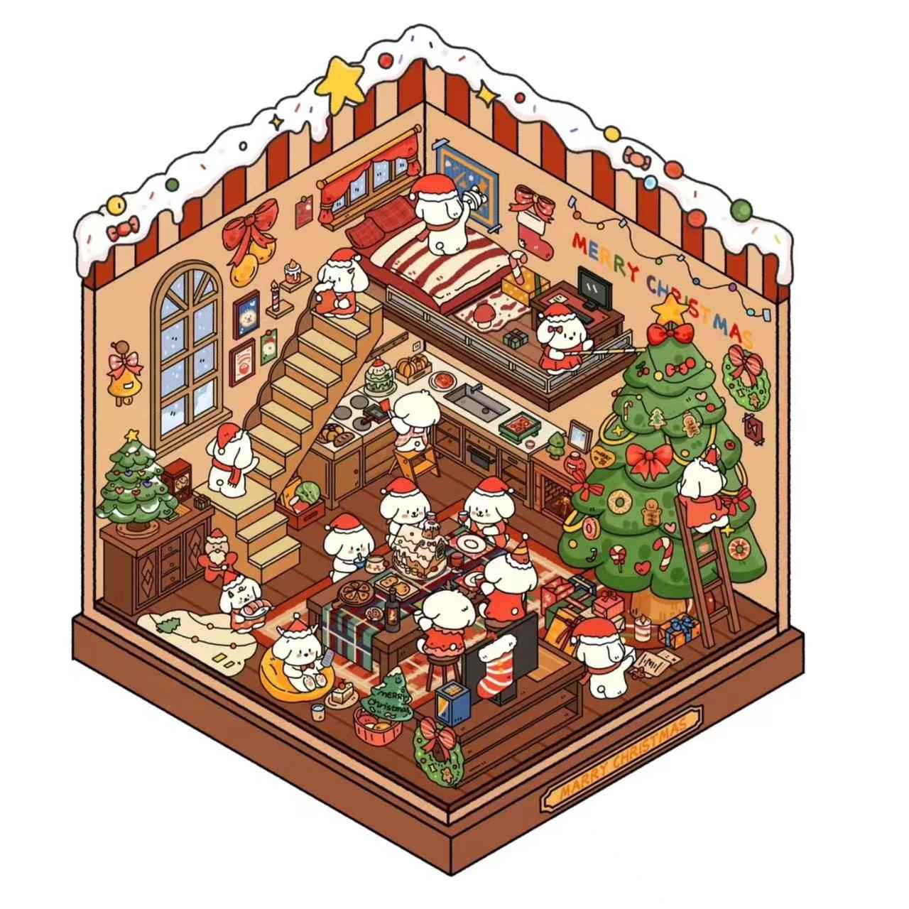 Cute Puppy 3D Isometric Room Stickers – 8 Theme Sets: Christmas Party | Clothing Store | Flower Shop | BBQ Restaurant | Wedding | Happy New Year | Dress Shop | Temple Fair - SNSEASY
