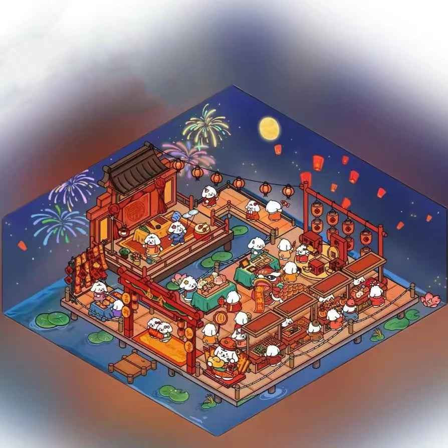 Cute Puppy 3D Isometric Room Stickers – 8 Theme Sets: Christmas Party | Clothing Store | Flower Shop | BBQ Restaurant | Wedding | Happy New Year | Dress Shop | Temple Fair - SNSEASY