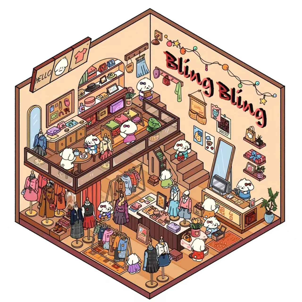 Cute Puppy 3D Isometric Room Stickers – 8 Theme Sets: Christmas Party | Clothing Store | Flower Shop | BBQ Restaurant | Wedding | Happy New Year | Dress Shop | Temple Fair - SNSEASY