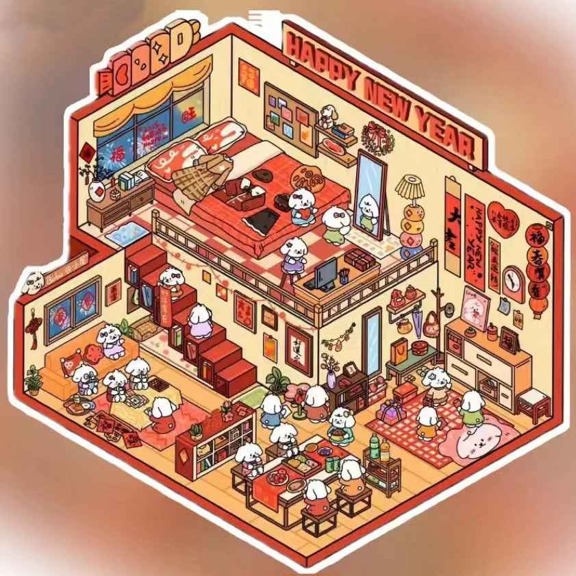 Cute Puppy 3D Isometric Room Stickers – 8 Theme Sets: Christmas Party | Clothing Store | Flower Shop | BBQ Restaurant | Wedding | Happy New Year | Dress Shop | Temple Fair - SNSEASY