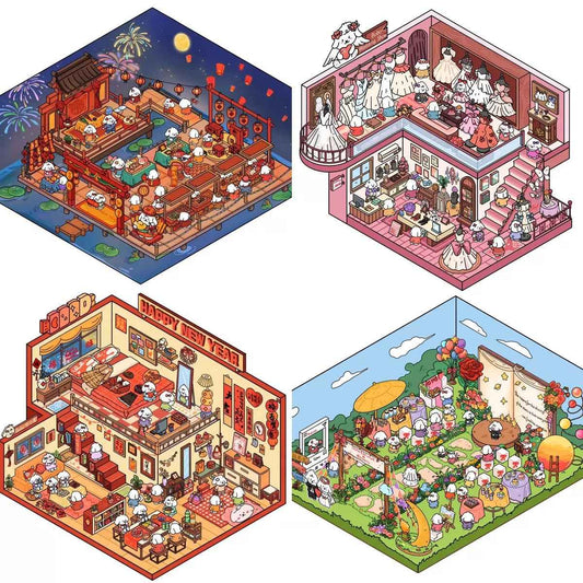 Cute Puppy 3D Isometric Room Stickers – 8 Theme Sets: Christmas Party | Clothing Store | Flower Shop | BBQ Restaurant | Wedding | Happy New Year | Dress Shop | Temple Fair - SNSEASY
