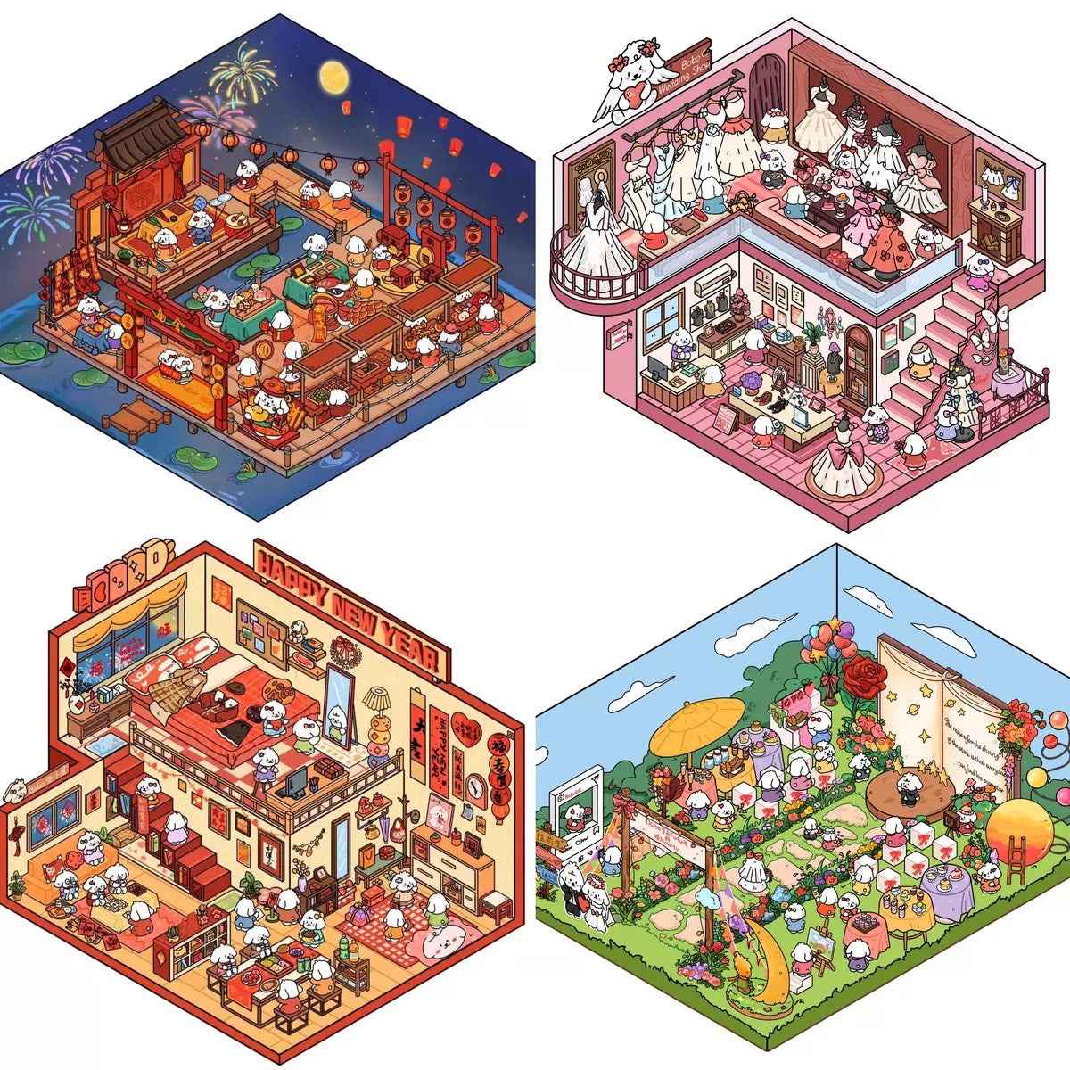 Cute Puppy 3D Isometric Room Stickers – 8 Theme Sets: Christmas Party | Clothing Store | Flower Shop | BBQ Restaurant | Wedding | Happy New Year | Dress Shop | Temple Fair - SNSEASY